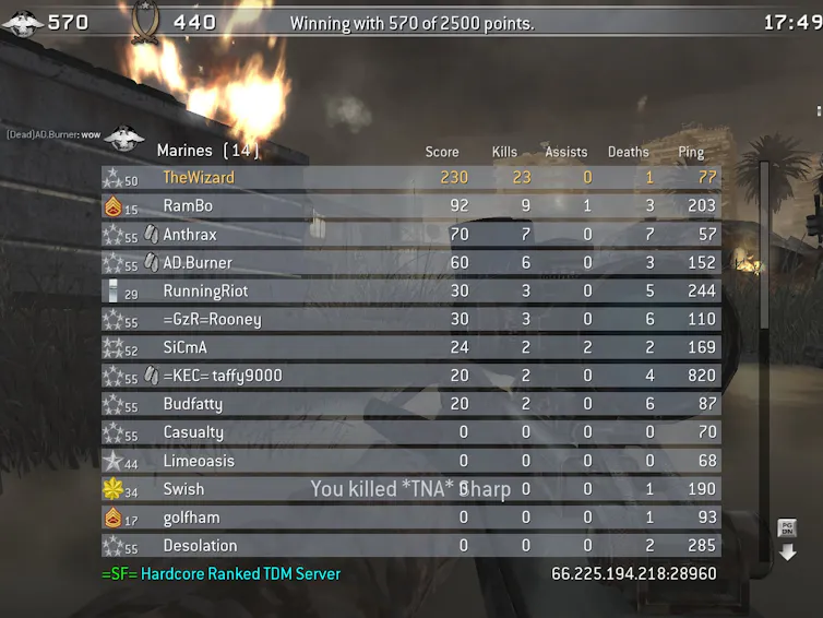 A screenstill of a Call of Duty scoreboard after a match.