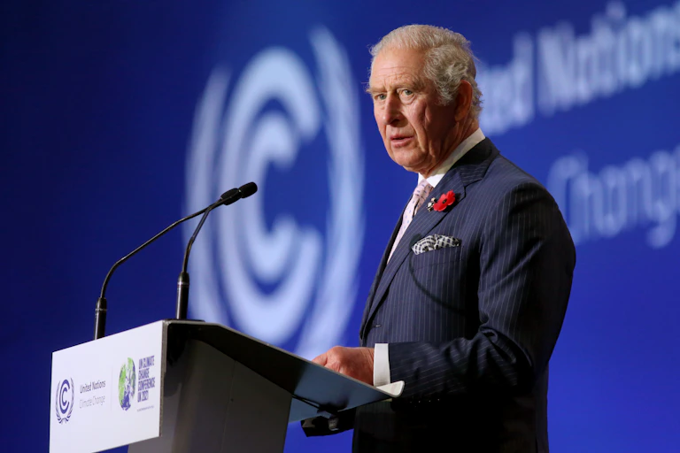 Prince Charles standing on stage delivering a speech.