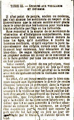 Début du Titre III, Secour aux vieillards et infirmes