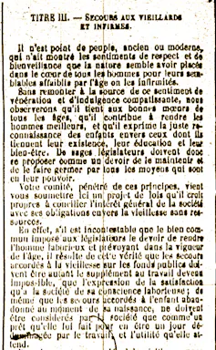 Début du Titre III, Secour aux vieillards et infirmes