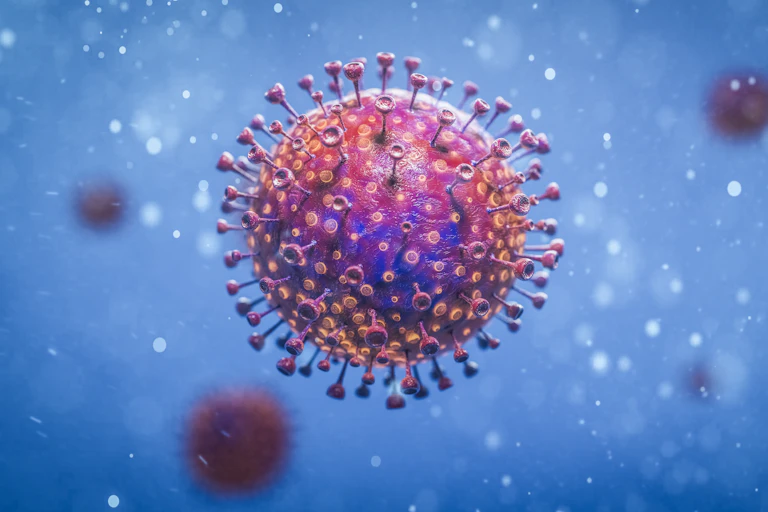 An illustration of SARS-CoV-2, the coronavirus that causes COVID-19.