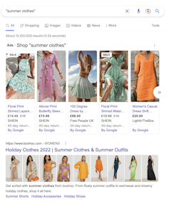 Captura de tela dos resultados do Google para 'roupas de verão'