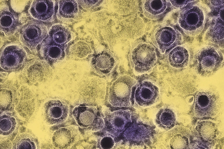 Negatively-stained transmission electron micrograph of numerous herpes simplex virions