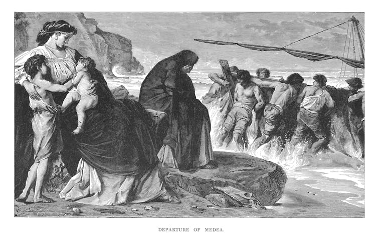 A black and white engraved illustration of Medea, known as a sorceress in Greek literature, as Jason prepares the departure of the expedition of the Argonauts.