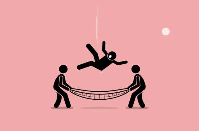 Cartoon of someone falling into a safety net held by two other people