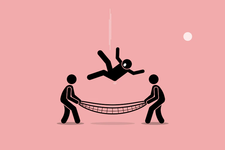 Cartoon of someone falling into a safety net held by two other people