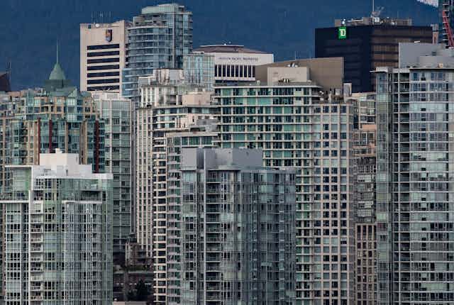 A row of densely packed urban condo towers