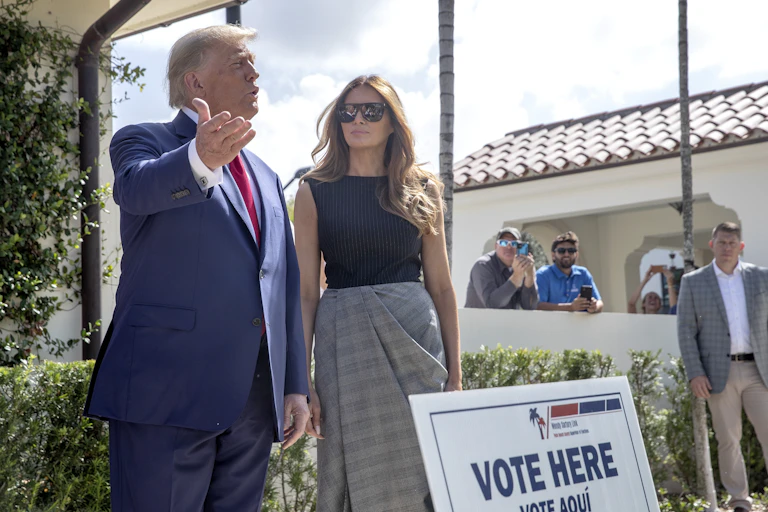 Donald and Melania Trump after voting at the Morton and Barbara Mandel Recreation Center in Palm Beach, Florida, 08 October 2022.