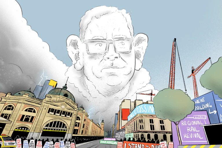 A cartoon of the Melbourne skyline, with Dan Andrews as a cloud, raining darkly on protestors and complaints on one side, shining bright on the other with new building projects abounding below.