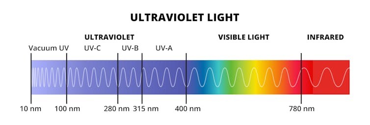 A chart showing the wavelengths of ultraviolet light
