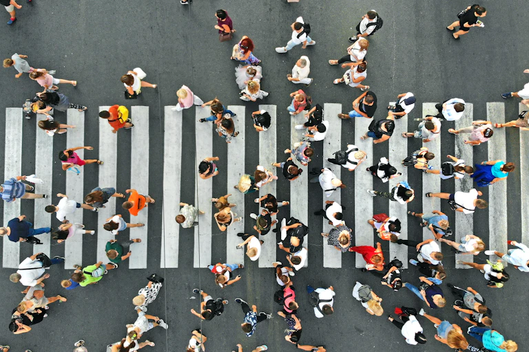 overhead view of a crowd of people walking across a zebra crossing on a street