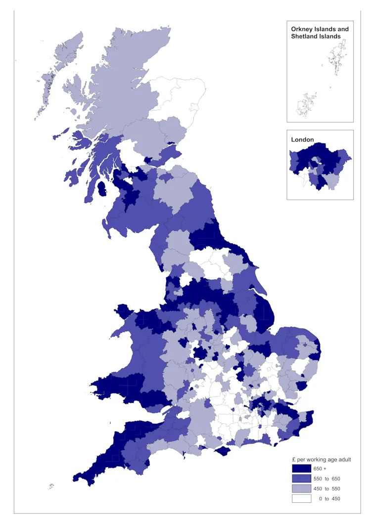 A map of local authority areas in Britain showing the estimated losses incurred by benefit claimants, due to welfare reform.