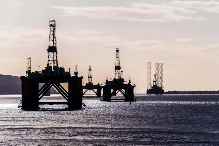 Gas drilling platforms in the sea.