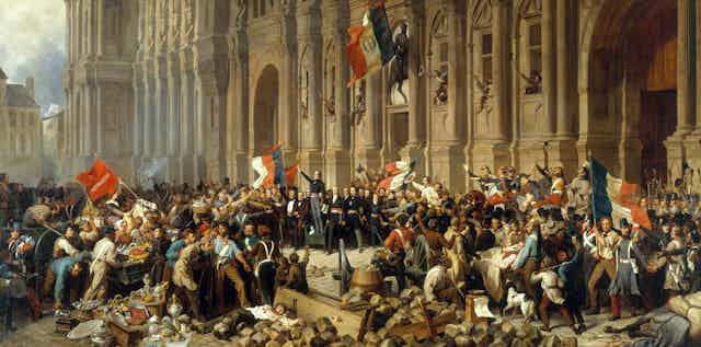 A painting shows civil unrest outside an ornate building.