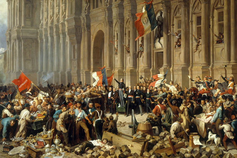 A painting shows civil unrest outside an ornate building.