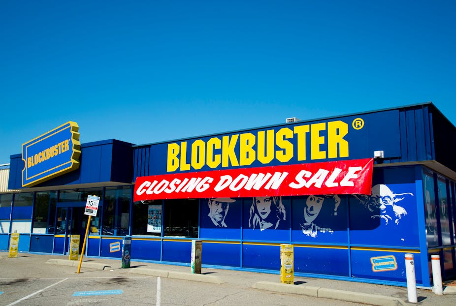 "Closing down sale" sign on a blockbuster store in Australia, March 2019.