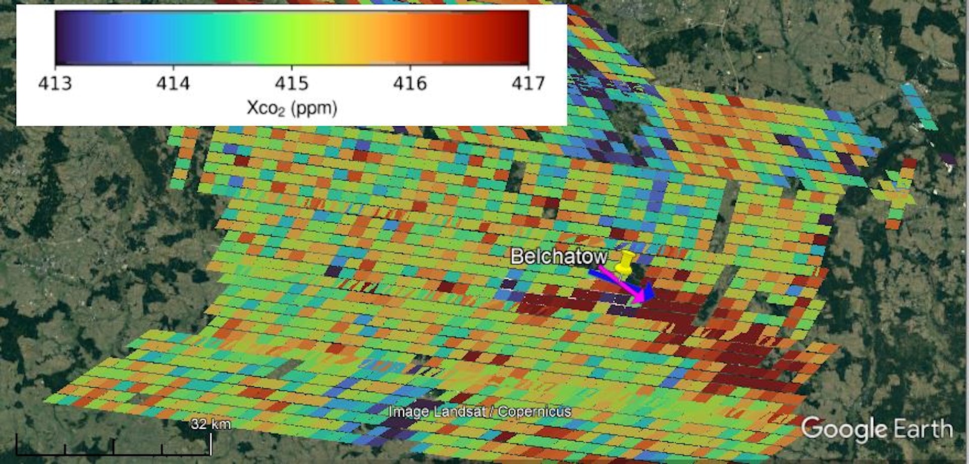 OCO-3 observations of a CO2 emission plume from the Bełchatów Power Station in Poland on April 10, 2020 overlaid on Google Earth imagery.
