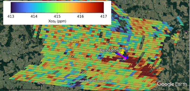 Obserwacje OCO-3 słupa emisji CO2 z Elektrowni Bełchatów, Polska, 10 kwietnia 2020 r., nałożone na zdjęcia Google Earth.