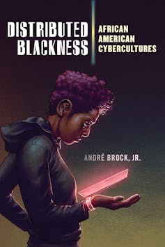 Book cover showing a cartoon drawing on a young Black person with purple hair looking at a virtual red screen in their hand.