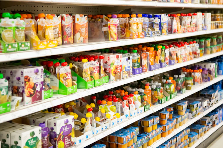 supermarket shelves with toddler food pouches