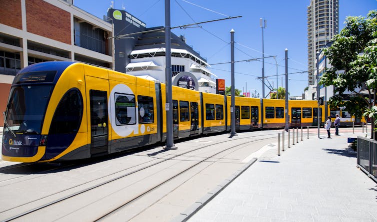 One of the new articulated carriages on the G:Link light rail line at Southport on the Gold Coast.