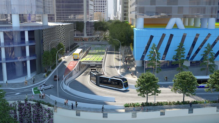 Artist impression of a Brisbane Metro electric bus emerging from a city tunnel, with an older bus on the ramp.
