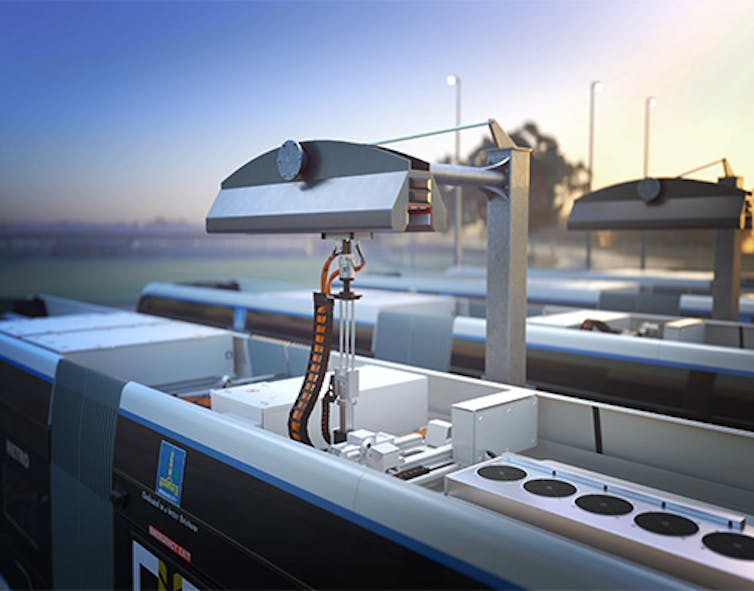 Flash (super-fast) charging of a Metro bus via rooftop equipment docking with an overhead charging arm.