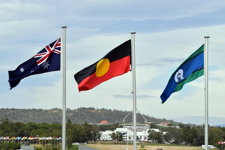 Australian, Aboriginal and Torres Strait Islander flags flying in front of Parliament House in Canberra.