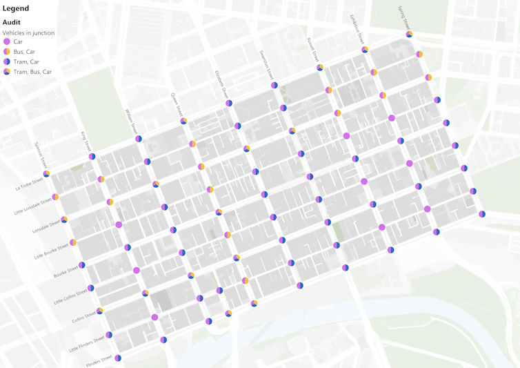 Map of junctions, cars dominate alongside trams and buses