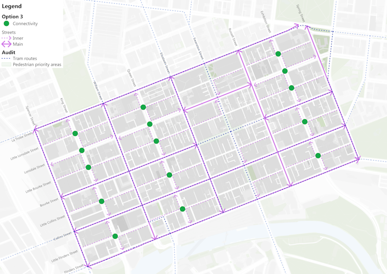 Option 3: a more conservative proposal that works around the current pedestrianisation of Bourke and Swanston streets and maintains the tram where it is.