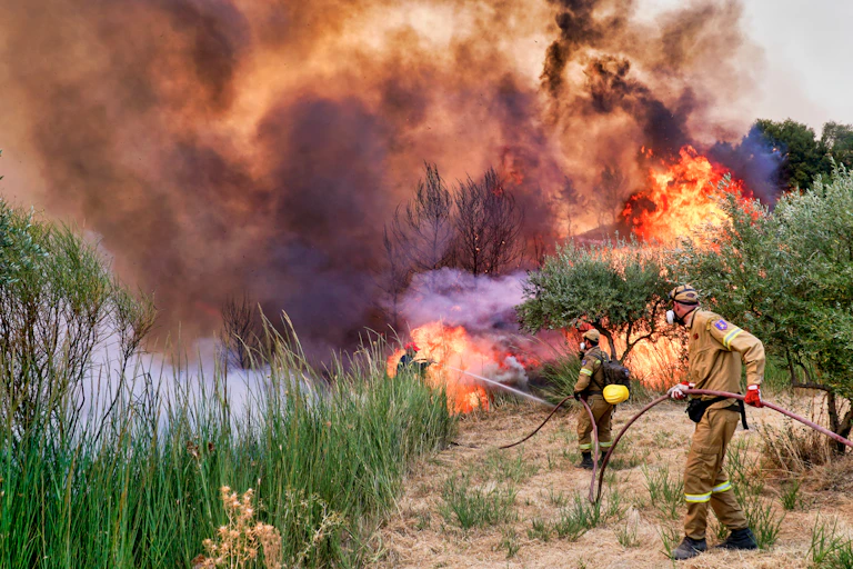 Three firefighters standing on a dry hillside trying to put out a large wildfire.