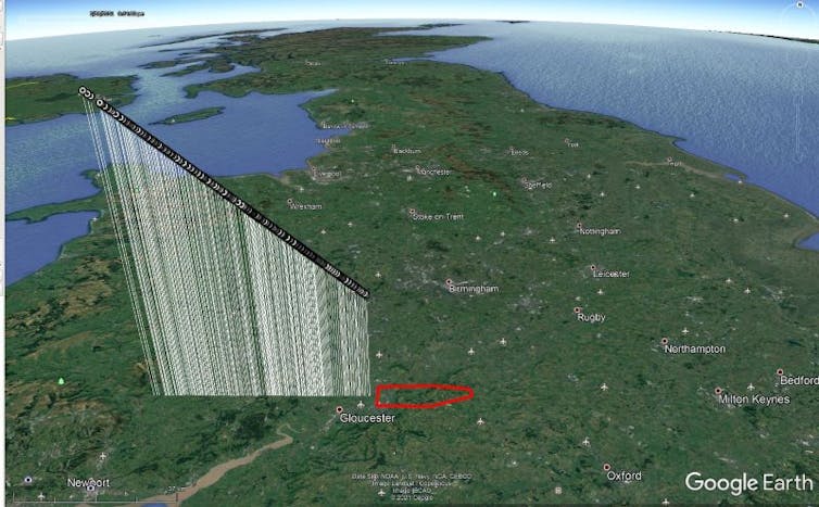 An illustration from Google Earth shows the estimated trajectory and landing site of the meteorite.