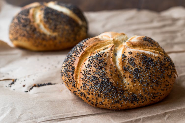 Bread rolls with poppy seeds on brown paper