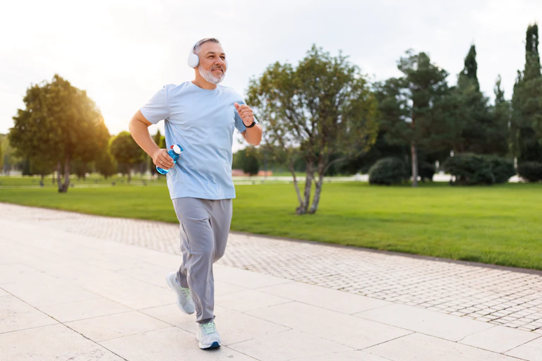 An older man exercises outdoors.