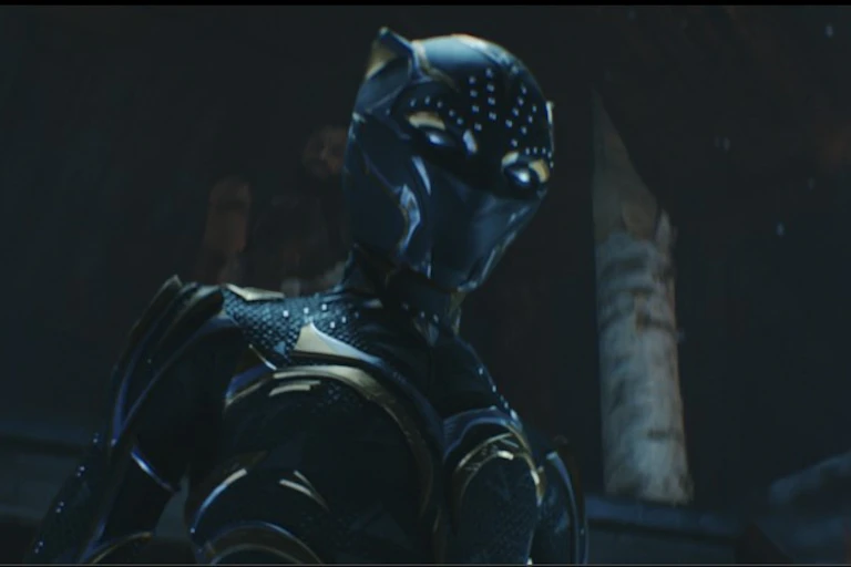 A person wearing a black latex costume designed to look like a panther.