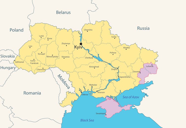 Map of Ukraine showing neighbouring countries.