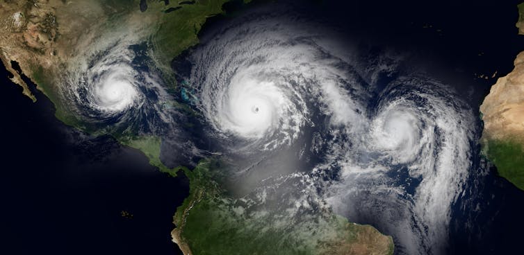 Satellite image of hurricanes in the Caribbean.