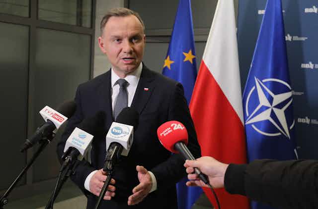 Polish president, Andrzej Duda, speaks to the press, at the National Security Bureau hedquarters in Warsaw, Poland, 16 November 2022.