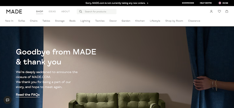 Screenshot of the Made.com website homepage taken on November 9 2022 that says: Goodbye from MADE and thank you.
