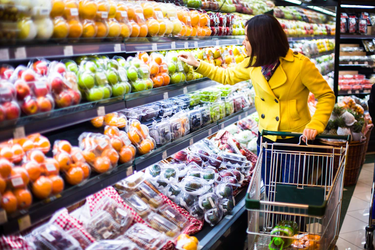 A woman in a yellow coat looking at fruit prices in a shop, pushing a trolley.