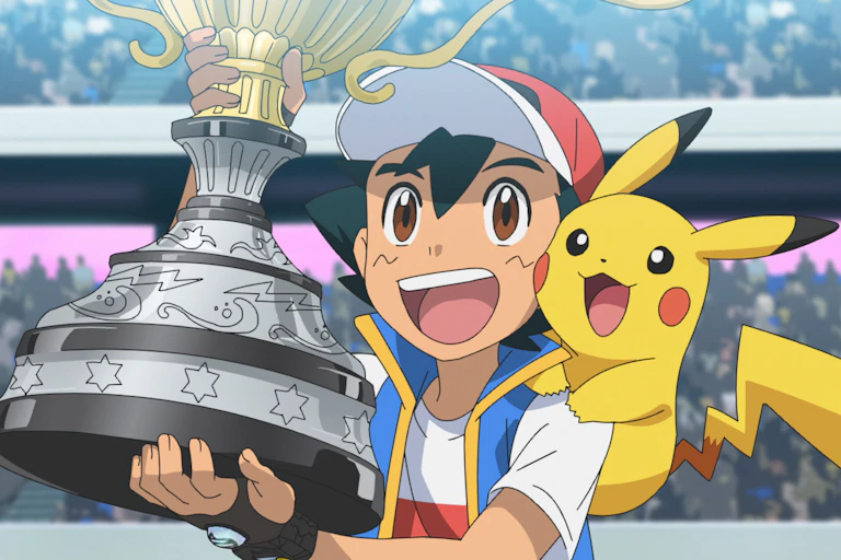 Ash Ketchum, with Pikachu on his shoulder, holds his World Championship trophy aloft
