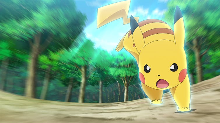 Pikachu appears on the left-hand side of the screen poised for battle. Backdrop shows a wooded area