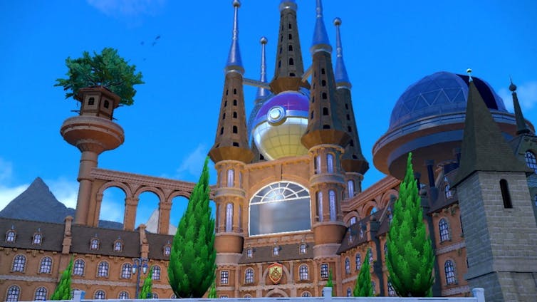 A grand building with a large purple Pokemon ball amid its spires. Screenshot from Pokemon game play