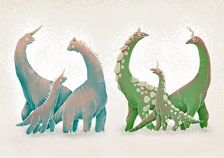 Illustration of dinosaurs with and without long horns or spiked backs.