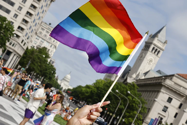 A hand is seen holding up a rainbow flag, with a crowd of people behind in a city street. The US Capitol is seen in the background.