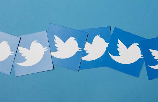 a row of square cards of varying shades of blue, each one showing the twitter logo, a white silhouette of a cartoon bird