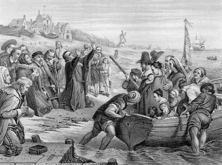 An engraved illustration of the Pilgrim Fathers leaving England.