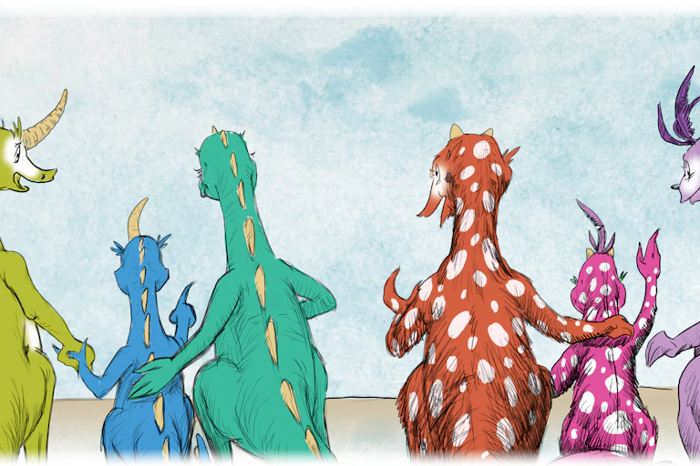 Illustration of two dinosaur families, one with ridge backs and the other with long horns