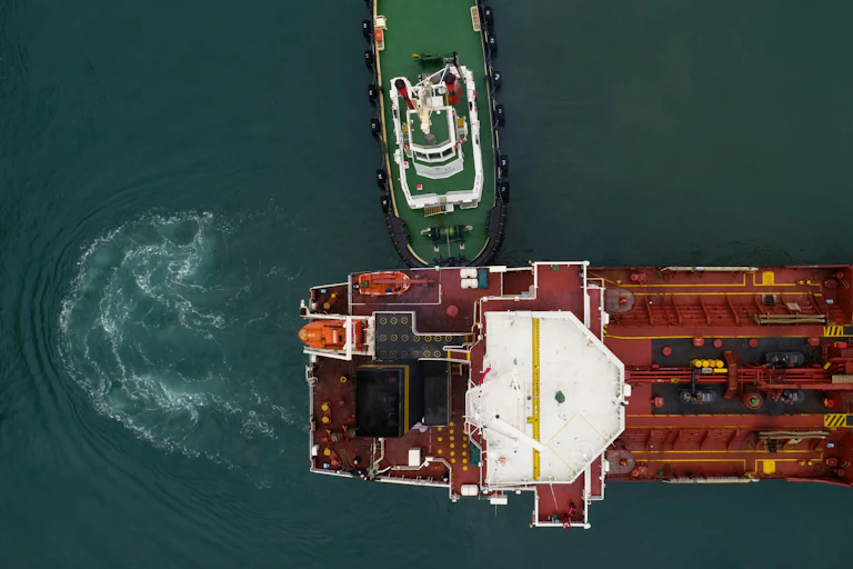 Tugboat pushing container ship into port.