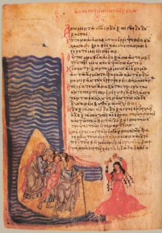A page from an old Book of Psalms shows a woman in a red dress dancing next to a group of people emerging from water.